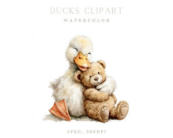 10 Watercolor Duck Clipart, Cute Duckling Clipart, Cute Baby Duck Clipart, Illustration for Kids Decor & Crafts, Nursery Art