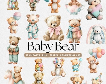 Aquarelle ours en peluche clipart, clipart bébé ours, ours en peluche clipart PNG, baby shower ours en peluche, bébé ours chambre d'enfant PNG