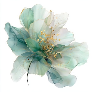 Puede incluir: Representación artística de una flor con pétalos superpuestos en tonos turquesa, verde y blanco. La flor tiene detalles dorados y un grupo de estambres dorados en el centro. El fondo es blanco.