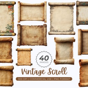 May include: A collection of vintage scroll images with aged paper textures and decorative borders. Some scrolls feature floral and ornate designs, perfect for digital art projects. The image includes the text "Vintage Scroll".