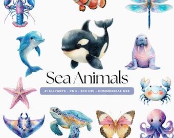 Cute Under the Sea Animals Clipart, Cute Sea Creatures, Sea Animals Clipart, Watercolor Ocean Animals, Marine Creatures & Underwater Decor