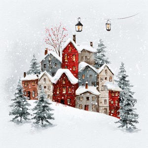 Può includere: Illustrazione ad acquerello di un villaggio innevato con case rosse, grigie e marroni. La neve cade intorno alle case e agli alberi sempreverdi. Due lanterne sono appese a un filo sopra il villaggio.