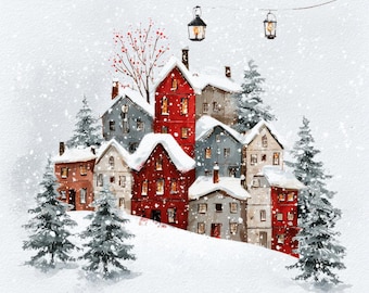 May include: Watercolor illustration of a snow-covered village with red, gray, and brown houses. Snow falls around the houses and evergreen trees. Two lanterns hang from a wire above the village.