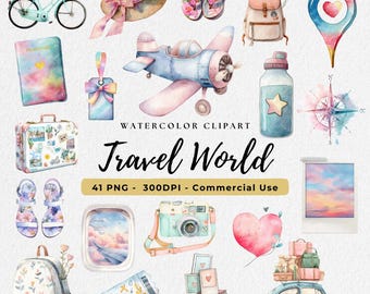 Aquarell Reise Clipart, Reise Clipart PNG, Urlaub PNG, Aquarell Reise PNG, Koffer, Flugzeug Gepäck, kommerzielle Nutzung