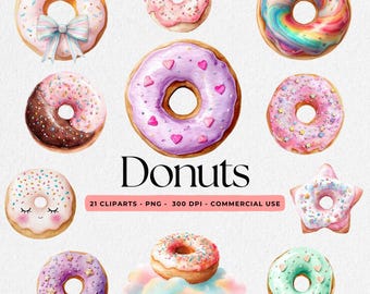 Clipart aquarelle de donuts, donuts PNG, mignons donuts, donut avec des paillettes, donut de boulangerie au chocolat, donuts fête d'anniversaire clipart