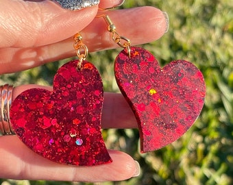 Earrings. Heart earrings. Valentines Day Red Heart Glitter and Resin dangle  studs.