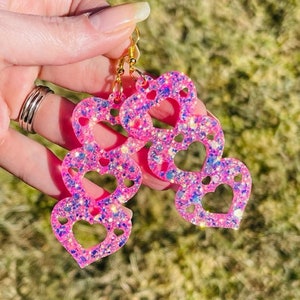 Triple linked Hearts - glitter resin earrings- various colors