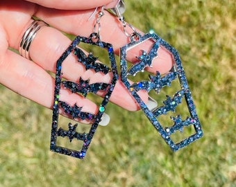 Halloween Coffin earrings - bat resin earring - handmade jewelry