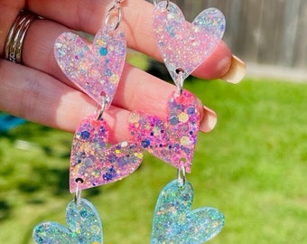 Chain of Flip flop Hearts - heart glitter resin earrings - various colors