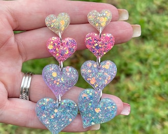 Glitter Heart Drop Earrings – Sparkly Resin Dangles, Lightweight Statement Earrings, Valentine’s Gift, Girly Glam Jewelry