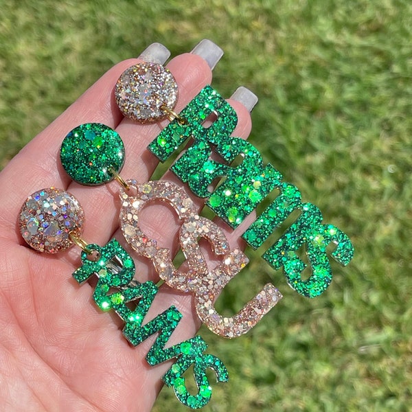 CSU Rams Game Day Green & gold glitter resin earrings and bag charms - handcrafted - Colorado State University - handmade jewelry