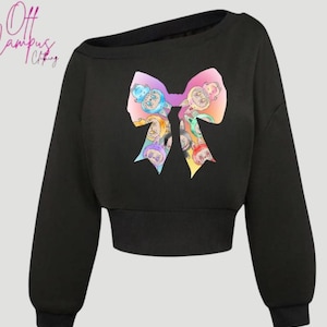 Custom Labubu inspired coquette bow off shoulder  sweatshirt – Personalization optional