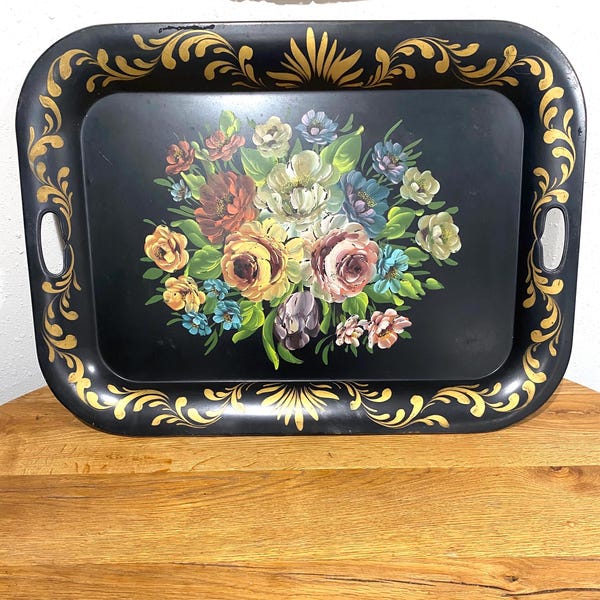 Tole Hand Painted Tray & Bowl Set, MCM Serving Tray, Berries 5 Piece Set