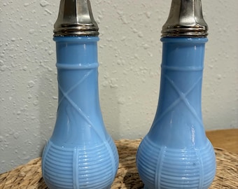 Vintage Blue Milk Glass Salt and Pepper Shakers | Paneled Glass Set | Cottagecore Kitchen Decor | Retro Tableware