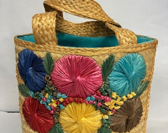 Vintage Raffia Straw Tote Bag Colorful Floral Woven Handbag Boho Tropical Beach Bag