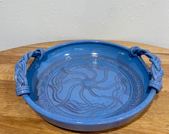 Signed 1994 Handmade Pottery Tray – 15" Blue Stoneware Serving Platter with Braided Handles – Andy Garcia