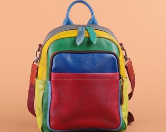 Multi-Color Patchwork Leather Backpack Purse - Brown & Tan Geometric Leather Backpack - Etsy main image 3