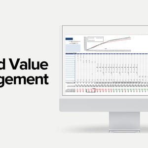 May include: A computer monitor showing an Earned Value Management (EVM) spreadsheet with charts and data. The screen displays a grid of data with red and green indicators. The text "EVM - Earned Value Management" is on the left side of the screen.