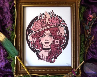 Pink Moon Witch Art Print – Victorian Art Nouveau Illustration
