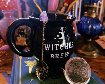 Witchy Tea Bundle | Cauldron Mug, Crystal Tea Infuser & Ritual Spoon | Whimsical Witch Gift Set