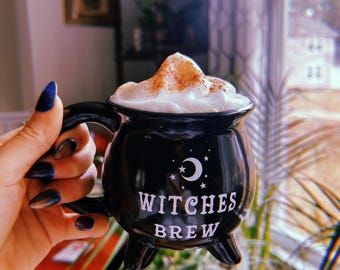 Whimsy Cauldron Mug | Witches Brew Design, Black Ceramic Drinkware