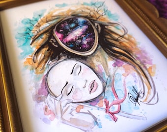 Cosmic Watercolor Art Print – Surreal Feminine Galaxy Portrait