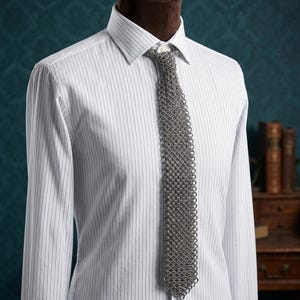 May include: A white dress shirt with thin vertical stripes is paired with a chainmail tie. The tie is made of small, interlocking metal rings, creating a unique and textured appearance. The shirt is buttoned up and displayed on a mannequin.