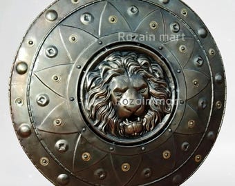 medieval Viking Round Lion Shield – Steel Reenactment Shield, Wall Decor