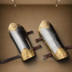 Handmade Medieval Steel Greaves Armor Set | Brass Trim Knight Leg Armor, LARP Costume
