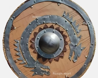 Handmade iron wooden Viking Shield: 24" Medieval Wall Decor, Reenactment Safe..