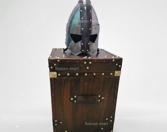Handmade Wooden Leather Trunk: Vintage Treasure Chest with Optional Viking Helmet