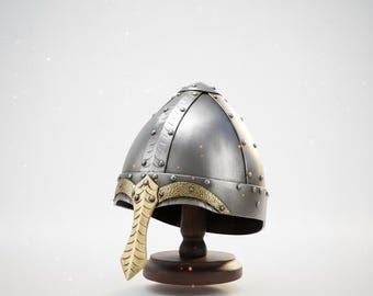 Medieval Knight Helmet Decor – Riveted Steel Armor Helm with Brass Accents – Gothic Display Piece.