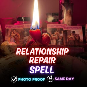 May include: A red candle with a bright flame, featuring the text RELATIONSHIP REPAIR SPELL, PHOTO PROOF, 24 HOURS, and SAME DAY. The background displays several cards with romantic illustrations in a dimly lit, red-toned setting.