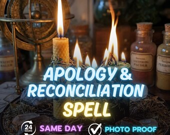 May include: Two lit candles, one yellow beeswax and one dark green, stand on a circular tray with crystals. Text reads: APOLOGY & RECONCILIATION SPELL, 24 HOURS, SAME DAY, PHOTO PROOF. A brass armillary sphere and glass bottles are in the background.
