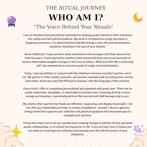 May include: A white informational card titled THE RITUAL JOURNEY WHO AM I? The Voice Behind Your Rituals. The text describes a ritual practitioner's services. It features a purple crystal ball, a yellow crescent moon, and stars.