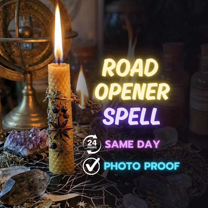 May include: A lit, decorated candle with the text "ROAD OPENER SPELL". The candle is adorned with berries and star-shaped spices. The image also includes the text "24 HOURS", "SAME DAY", and "PHOTO PROOF".