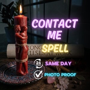May include: A lit red candle with a sculpted embrace design, tied with twine. The candle sits on a decorative plate with a floral pattern. Text in the image reads "CONTACT ME", "SPELL", "24 HOURS", "SAME DAY", and "PHOTO PROOF".