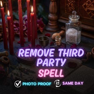 May include: An image of a spell kit with red candles, a small metal cup, a glass jar, and a bottle. The text "REMOVE THIRD PARTY SPELL" is displayed in a neon font. The image also includes the text "PHOTO PROOF" and "SAME DAY".