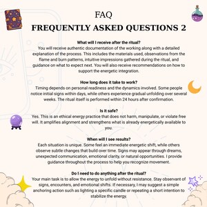 May include: An FAQ document titled FREQUENTLY ASKED QUESTIONS 2, featuring text about ritual services, energy practices, and results. The page is decorated with small illustrations of a purple book, potion bottle, crystal ball, moon, and stars.