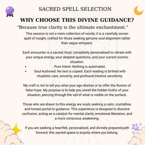 May include: A digital flyer titled SACRED SPELL SELECTION and WHY CHOOSE THIS DIVINE GUIDANCE? with text about personalised spiritual readings. The background features a purple crystal ball, a yellow crescent moon, and clouds.
