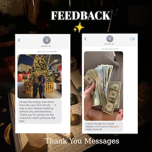 May include: A digital graphic titled FEEDBACK featuring two mobile text message screenshots. The left shows a photo of a couple by a Christmas tree with text about a meeting. The right shows a hand holding US dollar bills with text about money.