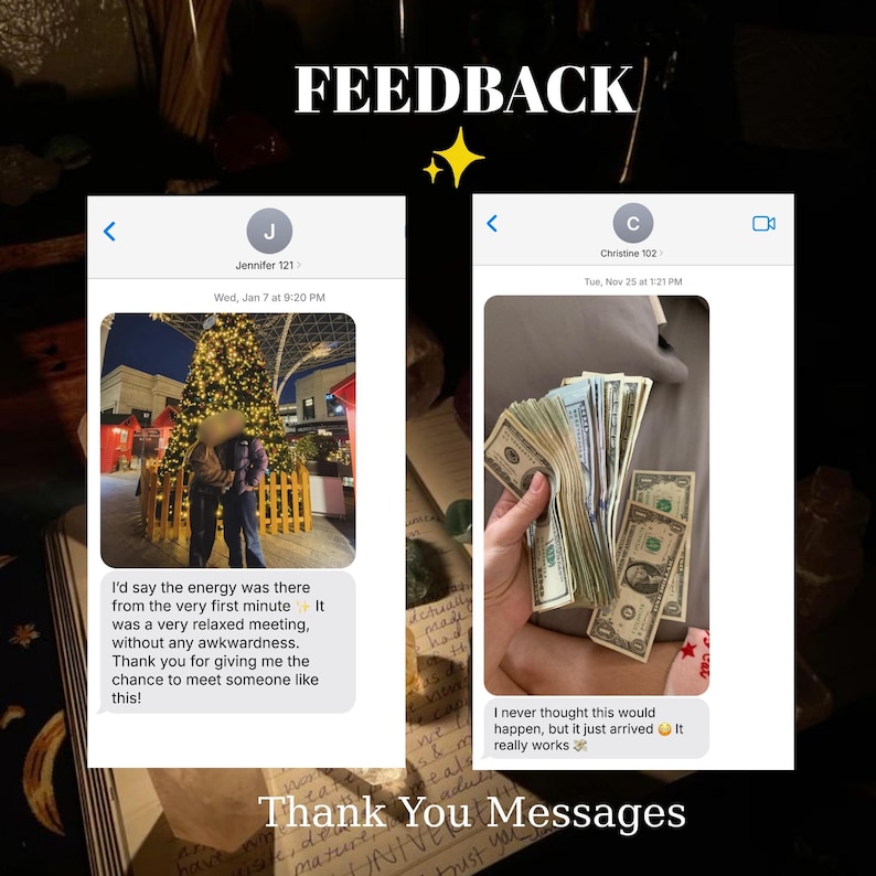 May include: A digital graphic titled FEEDBACK featuring two mobile text message screenshots. The left shows a photo of a couple by a Christmas tree with text about a meeting. The right shows a hand holding US dollar bills with text about money.