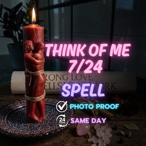May include: A lit red candle with a sculpted embrace design, tied with twine. The candle is on a wooden surface with a decorative plate, crystals, and the text "THINK OF ME 7/24 SPELL".
