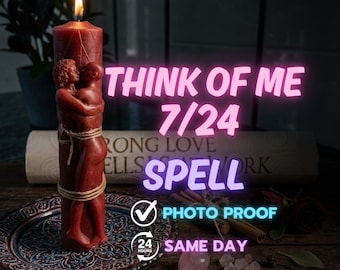 May include: A burning red candle featuring an embracing couple design, secured with string. The candle sits on a wooden surface with a decorative plate, crystals, and the text "THINK OF ME 7/24 SPELL".