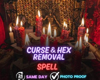 Pode incluir: Uma cena mística com velas acesas de várias cores, incluindo vermelho, roxo e branco. O texto "CURSE & HEX REMOVAL SPELL" é exibido em destaque. O texto adicional inclui "24 HOURS", "SAME DAY" e "PHOTO PROOF".