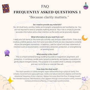 May include: An illustrated FAQ page titled "FREQUENTLY ASKED QUESTIONS 1" with the subtitle "Because clarity matters." The page provides answers to questions about rituals, materials, and the process. Decorative elements include a book, a crystal ball, and a potion bottle.