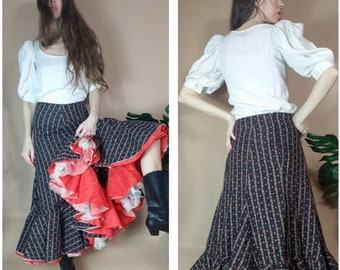 Vintage Handmade Skirt Bohemian Prairie Western Floral Tulle Ruffle s