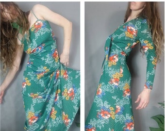 Vintage 70s Dress Matching Jacket Ensemble Floral Hippie Hostess xs s