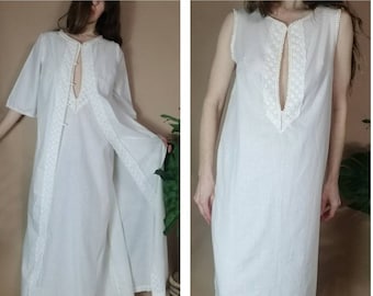 Vintage 70s Cream Robe Duster and Nightgown Set s m