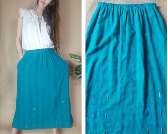 Vintage 90s Woven Skirt Linen Blend Turquoise Midi Skirt m l